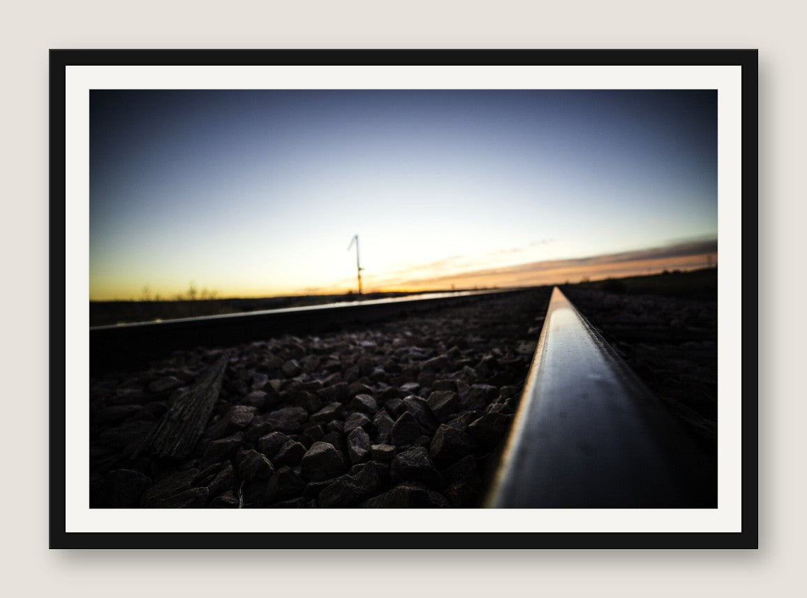 Railroad Tracks at Sunset - Black Frame