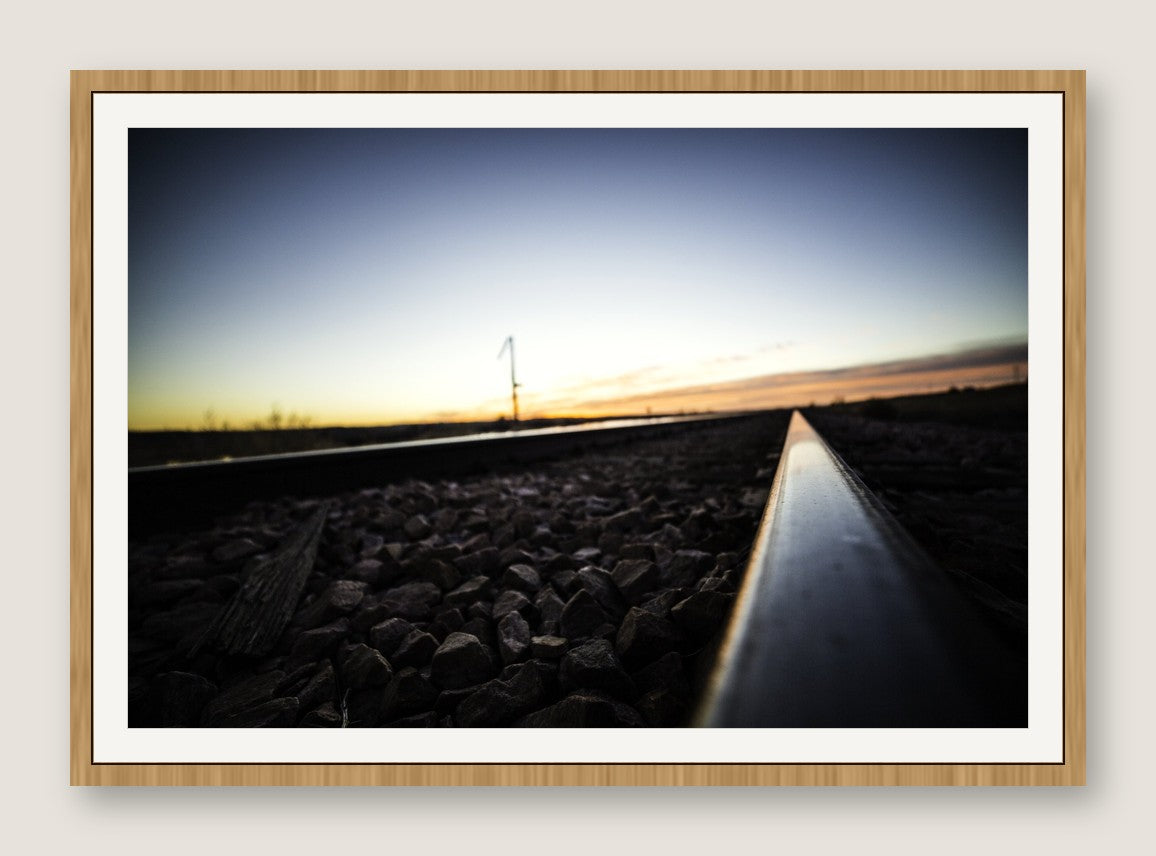 Railroad Tracks at Sunset - Maple Frame