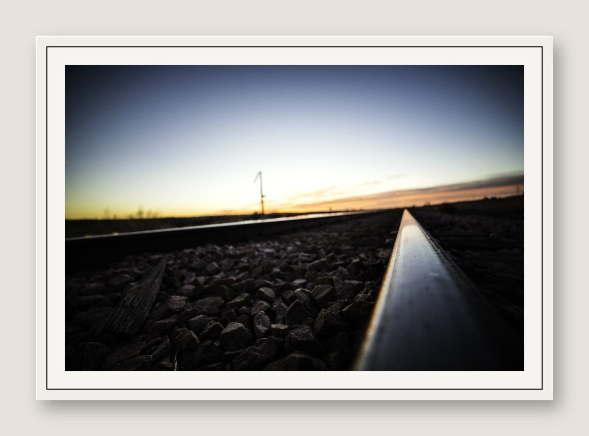 Railroad Tracks at Sunset - White Frame